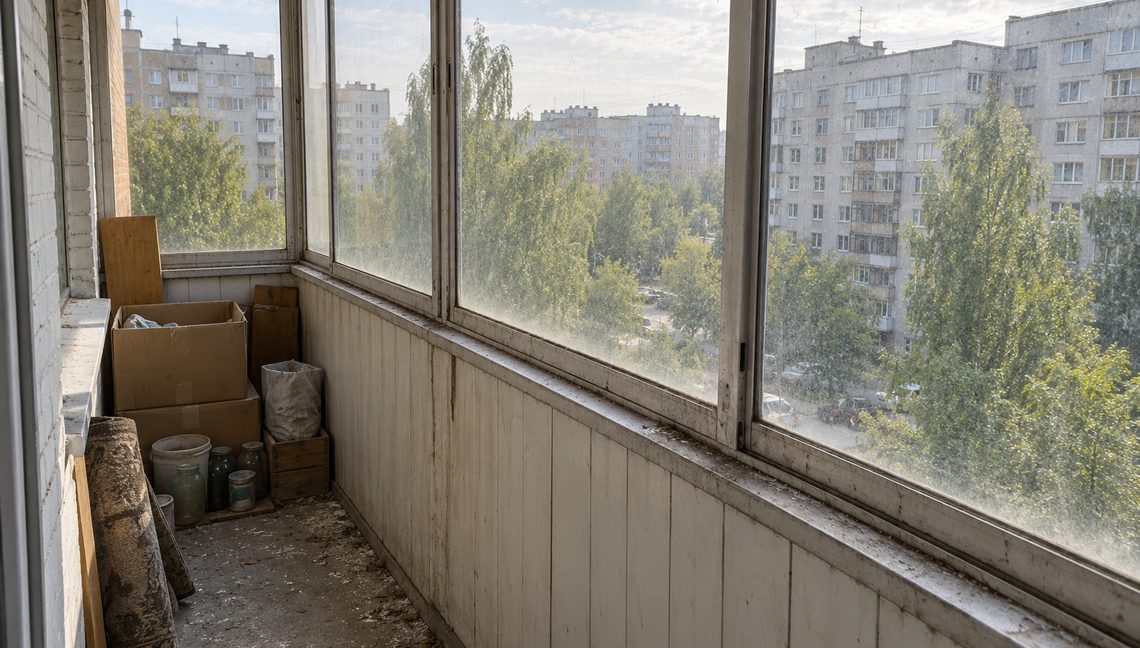 Застеклённый балкон — до уборки