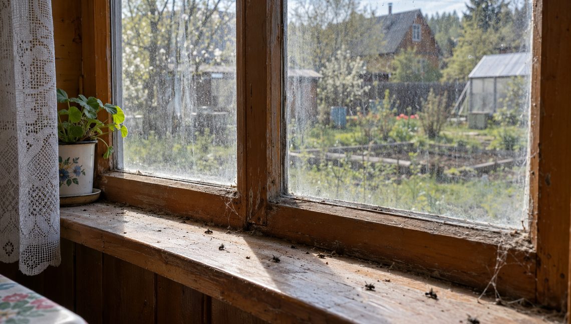 Окно в деревянной раме — до уборки