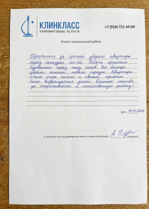 Отзыв на бланке: А. П., Уборка квартиры, Москва, 14 марта 2026